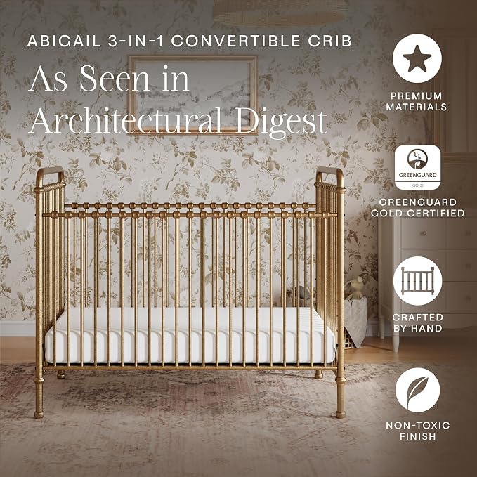 Namesake Abigail 3-in-1 Convertible Baby Crib (Gold) - GREENGUARD Gold Certified - Convertible Crib to Toddler Bed and Daybed - Baby Bed w/ 4 Adjustable Heights - Vintage Baby Crib Convertible