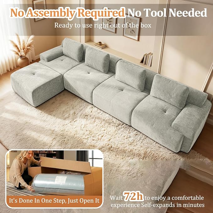159" L Shaped Oversized Boneless Couch, Comfort Cloud Sectional Couches for Living Room, Modular Sofa High Back & Extra Deep Seat, No Assembly, Soft Chenille(Light Grey, 159 inch-L shaped（4+1）)