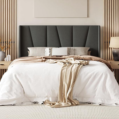 Allewie Queen Size Platform Bed Frame with Geometric Wingback Headboard, Boho Upholstered Bed with Wooden Slats Support, No Box Spring Needed, Easy Assembly, Dark Grey