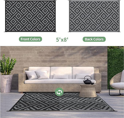 GENIMO Outdoor Rug for Patio Clearance,5'x8' Waterproof Mat,Reversible Plastic Camping Rugs,Rv,Porch,Deck,Camper,Balcony,Backyard,Black & Gray