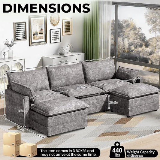 LEVELEVE 112.5" U-Shape Modular Sofa with 2 Ottomans, Deep Seat Cloud Convertible Sleeper, 2 Arm Pillows, Cozy Upholstered Furniture for Living Room Apartment, Dark Grey