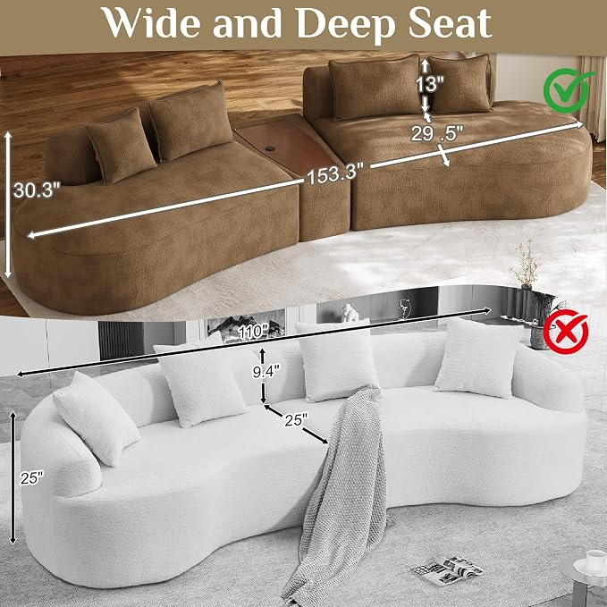 153.3" Oversized Curved Sectional Sofa, Luxury Chenille Cloud Couch for Living Room, Large Modern Modular Deep Seat Sofa with Movable Coffee Table & USB, No Assembly Needed, Brown