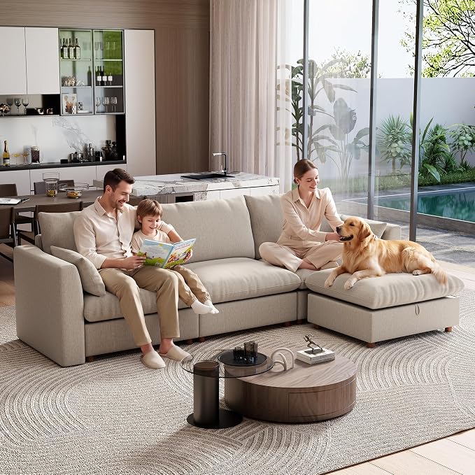 Ihanherry 117" Oversized Modular Sectional Sofa, Modern U Shaped Cloud Couch with 2 Storage Ottoman, 5-Seat Comfy Chenille Deep Seat Sofa with 2 Pillows for Living Room, Khaki