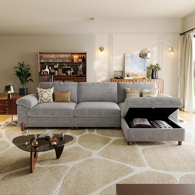 SITJOY Large Cloud Couch, 118" Wide 3 Seater L Shape, Light Gray Chenille | Detachable and Washable Chenille Cover Sectional Sofas for Living Room, Deep Seat Wide Couch with Chaise, Storage Ottoman