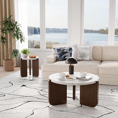 COSIEST 31.5" Round Coffee Table, Faux Marble Tabletop with Walnut Wood Grain Legs, Modern Minimalist Center Table for Living Room, Waterproof & Easy Assembly, Off-White