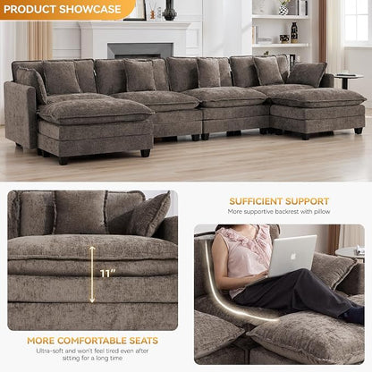 147'' Sectional Cloud Deep Seat Couch, Oversized Chenille U Shaped Sectional Sofa for Living Room Set, Comfy Upholstered Modular Sectional Sofa Couch with 2 Movable Ottoman, Brown
