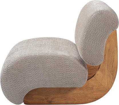 Merax 28" Modern Curved Boucle Accent Chair with Solid Wood Base, Mid-Century Armless Upholstered Slipper Lounge Chair for Living Room, Bedroom, Reading Nook, Natural + Almond