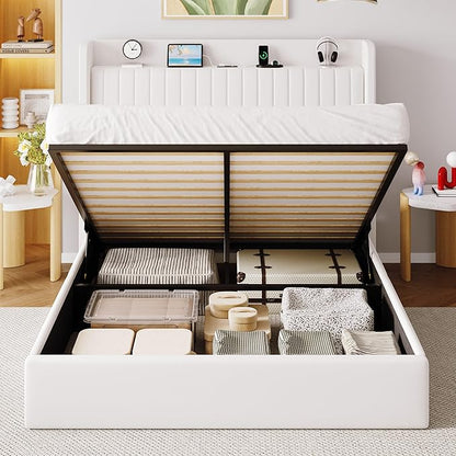 Allewie Full Size Lift Up Storage Bed Frame,Storage Shelf Headboard with Charging Station,Type-C and USB Ports,Hydraulic Support,Velvet Upholstered Bed Frame,No Box Spring Needed,White