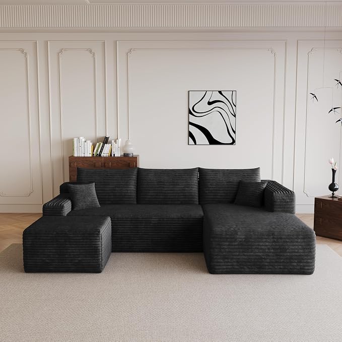 95" Cloud Boneless Sectional Sofa Couch with Chaise Lounge and Ottoman, Modern Corduroy Right Facing Modular Sectional Sofa Compressed Corner Couch with Deep Seat, No Assembly Required