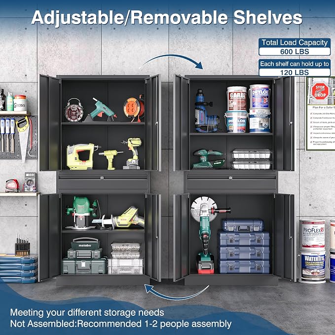 Black Metal Storage Cabinet with Lock, 71" Tall Garage Storage Cabinets with Doors and Shelves, Lockable Tool Caninet Steel Locking Cabnets File Cabinet for Home Office, Garage, Pantry