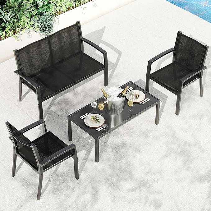 Garvee 4 Piece Patio Bistro Furniture Set, Outdoor Conversation Set with 3 Chairs, Loveseat & Glass Coffee Table, All-Weather Textilene Fabric & Steel Frame for Backyard, Poolside, Porch, Lawn - Black