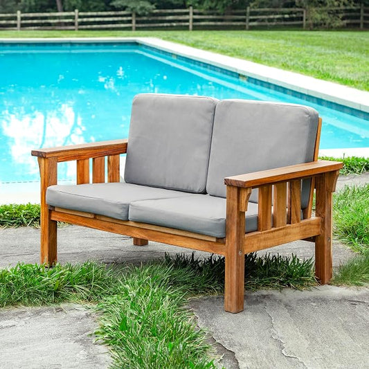 Martha Stewart Kids’ Outdoor Sofa Chair: Natural Acacia Wood Sofa Couch w/Gray Cushions for Indoor & Outdoor Spaces, 10" Seat Height | Kids’ Furniture for Garden, Patio & Backyard Picnics