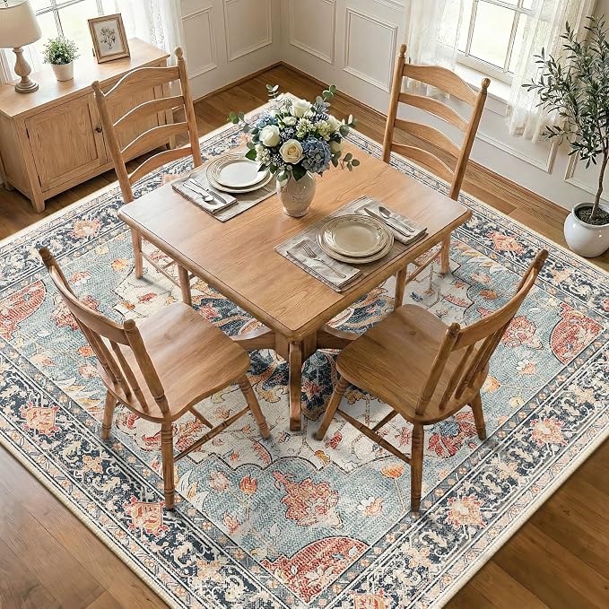 RELEANY Area Rugs Square 7ft Washable Non-Slip, Floral Vintage Distress Medallion Carpet for Living Room Bedroom Dining Room, Beige Navy Blue Orange Colorful