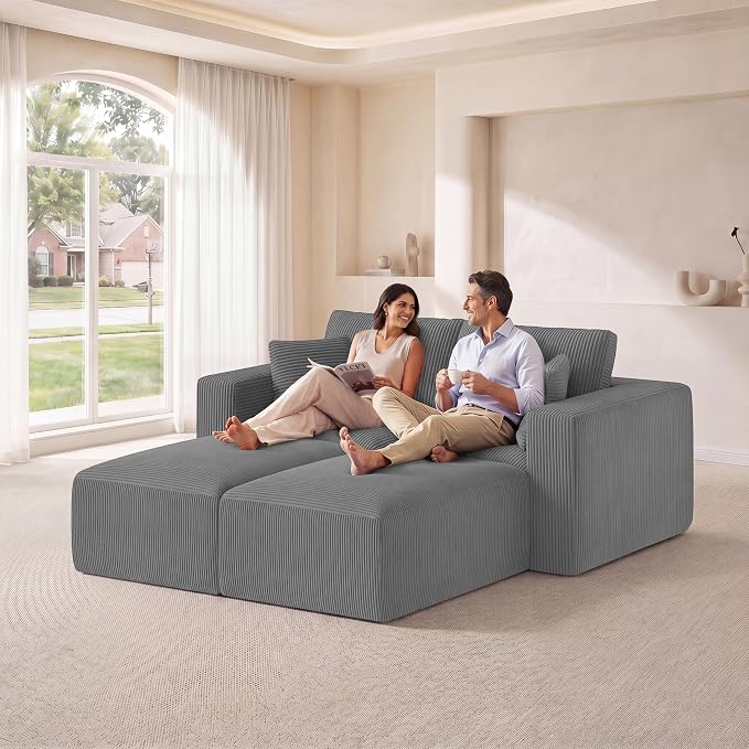 Modular Sectional Sofa Bed with Ottoman, 79" Memory Foam Cloud Couch, Boneless Loveseat Corduroy Upholstered Floor Couch, No Assembly Required Living Room Furniture for Apartment Bedroom, Grey