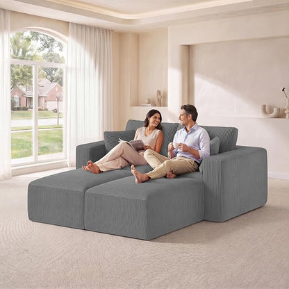Modular Sectional Sofa Bed with Ottoman, 79" Memory Foam Cloud Couch, Boneless Loveseat Corduroy Upholstered Floor Couch, No Assembly Required Living Room Furniture for Apartment Bedroom, Grey