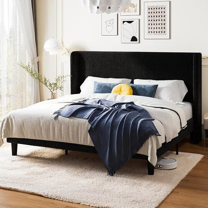 Allewie King Size Bed Frame with Upholstered Wingback Headboard, Vertical Channel Tufted Corduroy Velvet Platform Bed, Strong Wooden Slats Support, No Box Spring Needed, Easy Assembly, Black