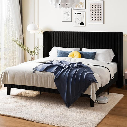 Allewie King Size Bed Frame with Upholstered Wingback Headboard, Vertical Channel Tufted Corduroy Velvet Platform Bed, Strong Wooden Slats Support, No Box Spring Needed, Easy Assembly, Black
