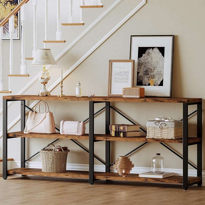 IRONCK Rustic Entryway Console Table, Long Hallway Table 70.8 in 3-Tier, TV Stand Entertainment Center Media Stand for Living Room, Industrial Style, Vintage Brown