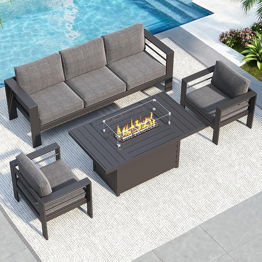 Solaste Aluminum Patio Furniture Set with Fire Pit Table, 4 Piece Metal Outdoor Furniture with Water-Resistant Cushions, Modern Patio Conversation Set for Balcony, Front Porch, and Backyard, Grey