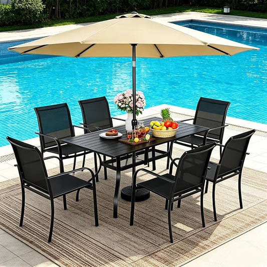 SUNCROWN 8 - Piece Outdoor Dining Set, Patio Furniture Set with 6 Textilene Dinning Chairs, 1 Rectangle Metal Table and 1 Brown 9Ft Patio Umbrella for Lawn Garden Backyard Deck, Black