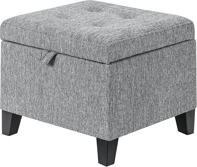 Adeco 18-Inch Cube Storage Ottoman, Upholstered Linen Footrest Stool with Hinged Lid for Living Room & Bedroom, Small Vanity Seat with Solid Wood Legs, Supports 350 lbs, Beige Grey