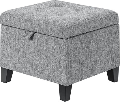 Adeco 18-Inch Cube Storage Ottoman, Upholstered Linen Footrest Stool with Hinged Lid for Living Room & Bedroom, Small Vanity Seat with Solid Wood Legs, Supports 350 lbs, Beige Grey