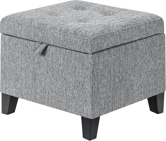 Adeco 18-Inch Cube Storage Ottoman, Upholstered Linen Footrest Stool with Hinged Lid for Living Room & Bedroom, Small Vanity Seat with Solid Wood Legs, Supports 350 lbs, Beige Grey