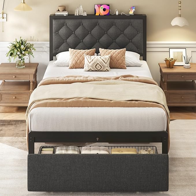 Fluest Twin Bed Frame with Storage Drawer, Upholstered Headboard Button Tufted Bed Frame with Charging Station, No Box Spring Needed, Noise-Free, All Metal Structure, Grey