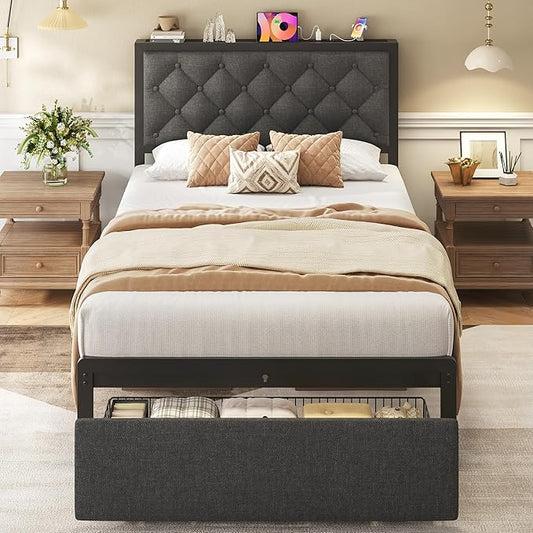 Fluest Twin Bed Frame with Storage Drawer, Upholstered Headboard Button Tufted Bed Frame with Charging Station, No Box Spring Needed, Noise-Free, All Metal Structure, Grey