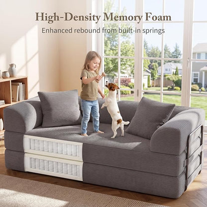 Cloud Boneless Couch Futon Sofa Bed, 5-in-1 Convertible Sofa Bed Pull Out Couch Sleeper Sofa Compressed Loveseat, 70" High-Density Sponge & Corduroy Fabric Futon Daybed for Living Room Bedroom (Gray) | 5-in-1 Convertible