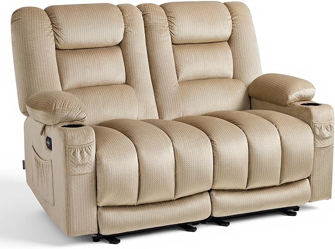 MCombo 55.9" Zero Gravity Power Loveseat Recliner with Heat and Vibration Massage, Reclining Loveseat Sofa with USB Ports, Cup Holders for Living Room, Fabric PR648SET (Beige)