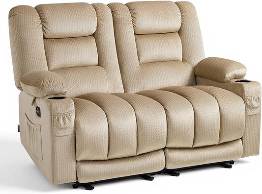 MCombo 55.9" Zero Gravity Power Loveseat Recliner with Heat and Vibration Massage, Reclining Loveseat Sofa with USB Ports, Cup Holders for Living Room, Fabric PR648SET (Beige)