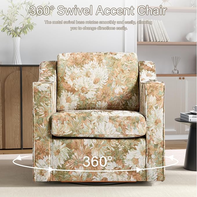 Swivel Accent Chair, 360° Swivel Upholstered Club Armchairs for Living Room, Comfy Fabric Single Sofa Reading Chair with Deep Seat, Metal Swivel Base, Sand Blooms