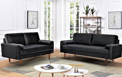Container Furniture Direct Velvet Tufted Sofas for Living Room, Classic Mid-Century Style with Modern Silhouette, Button Tufting and Wood Legs, Includes 2 Bolster Pillows, Loveseat, Black