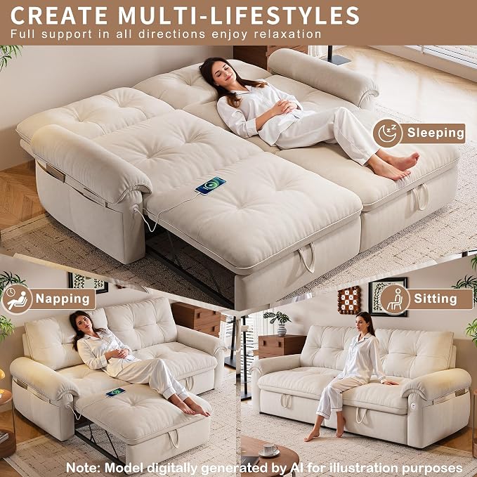 77.2'' Pull Out Couch Full Size, Pre-Assembled Sleeper Sofa Bed, Flannel Convertible Futon Sofa Bed with Adjustable Backrest, USB, Side Pocket, Loveseat for Living Room, Apartment, Beige