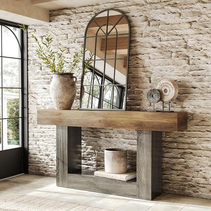 LITTLE TREE 63 Inches Long Console Table, 2-Tier Farmhouse Sofa Table Behind Couch, Large Narrow Entryway Table for Living Room, Wooden Hallway Foyer Table with Heavy Duty Base, Rustic Brown and Grey