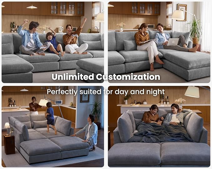 115" Oversized Chenille Couch Modular Sectional Sofa, Washable Cloud Couch Sectional with Ottoman, 6 Seater Sectional Couches for Living Room, Fully Cover Removable, V Shaped & Corner, Chenille, Grey