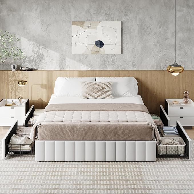 Allewie Full Size Platform Bed Frame with 4 Large Storage Drawers, Velvet Vertical Channel Tufted Upholstered Bed Base, Wooden Slats Support, Noise-Free, No Box Spring Needed, Easy Assembly, White