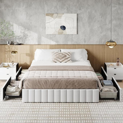Allewie Full Size Platform Bed Frame with 4 Large Storage Drawers, Velvet Vertical Channel Tufted Upholstered Bed Base, Wooden Slats Support, Noise-Free, No Box Spring Needed, Easy Assembly, White