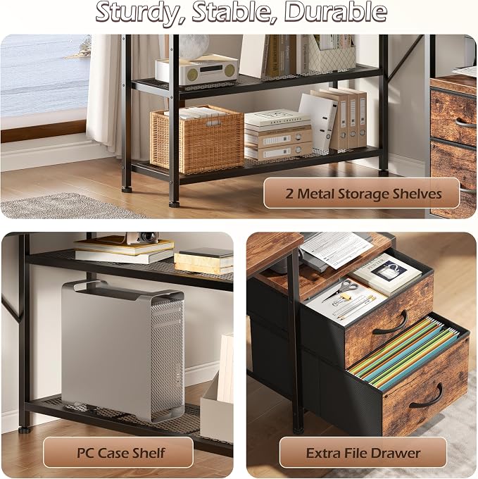 Korfile 49 Inch L Shaped Gaming Desk with Power Outlets and Type-C Port, Reversible Computer Office Desk with 2 Fabric Drawers & Mesh Shelves, Corner Desk for Study Work Writing Desk,Rustic Brown