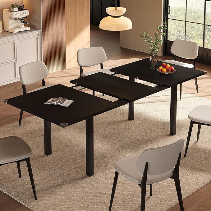 Einhomn Modern Extendable Dining Table for 4-6, 63" Farmhouse Kitchen Table, Rectangular Dining Room Tables for Dining, Kitchen, Office, Living Room, Wooden Tables, Space Saving (Black)