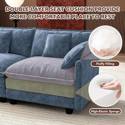 Ihanherry 114" V-Shaped Modern Sofa Modular Sectional Cloud Couch with 2 Ottoman, 7-Seat Chenille Deep Seat Sofa with Corner Section for Living Room, Bedroom and Apartment, Blue