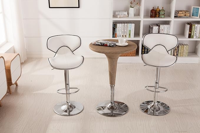 Roundhill Furniture Masaccio Cushioned Leatherette Upholstery Airlift Adjustable Swivel Barstool with Chrome Base, Set of 2, White