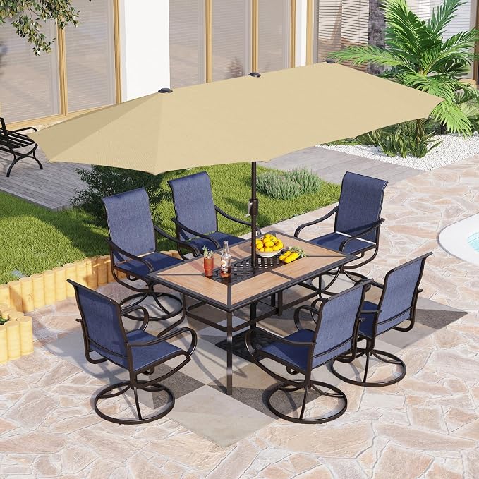 PHI VILLA Patio Dining Set with Umbrella for 6 Person, Outdoor Swivel Dining Chairs & 1 Large Wooden-Like Top Table with 13ft Beige Outdoor Umbrella(No Base) for Deck Lawn Garden Backyard