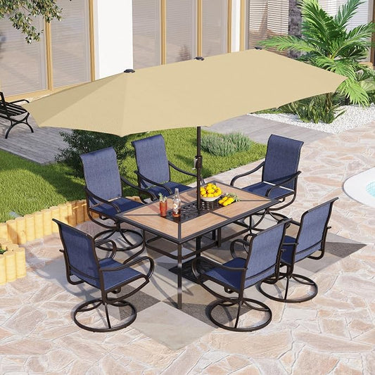 PHI VILLA Patio Dining Set with Umbrella for 6 Person, Outdoor Swivel Dining Chairs & 1 Large Wooden-Like Top Table with 13ft Beige Outdoor Umbrella(No Base) for Deck Lawn Garden Backyard
