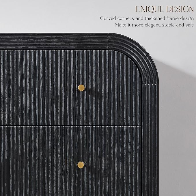 T4TREAM Fluted 5 Drawers Dresser, 48" Tall Modern Chest of Drawers with Thickened Curved Profile Design, Wood Closet Clothes Storage Organizer for Bedroom, Living Room, Hallway, Black Oak