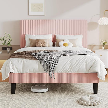 Allewie Queen Size Upholstered Bed Frame with Vertical Channel Tufted Headboard, Soft Corduroy Fabric Platform Bed, Strong Wooden Slats Support, Easy Assembly, No Box Spring Needed, Light Pink