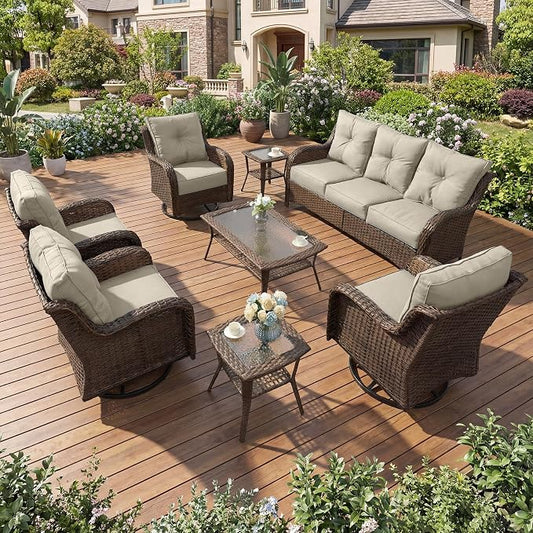 Patio Furniture Set, 8PCS Outdoor Wicker Conversation Set with 6" Thick Cushions, High Back Rattan Sofa & Swivel Rocker Chairs, Weather Resistant Olefin Fabric for Garden, Poolside, Beige
