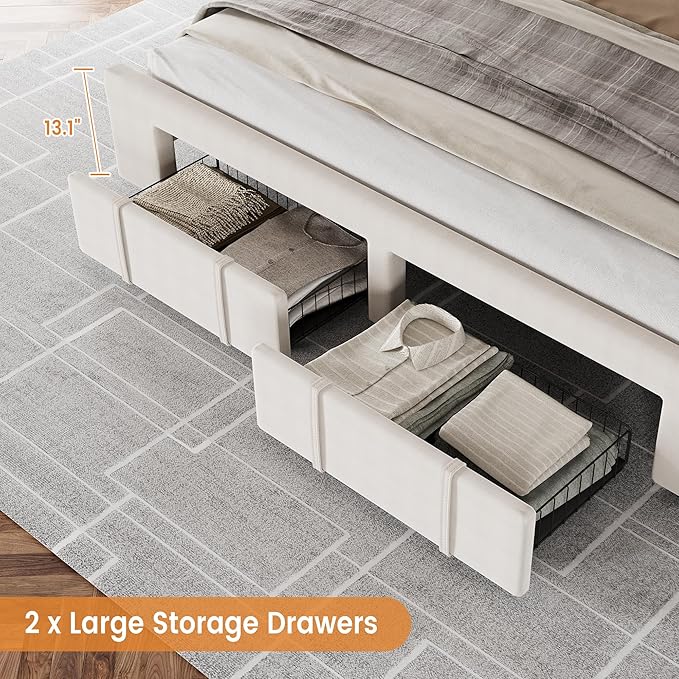GarveeHome Queen Size Bed Frame, Upholstered Platform Bed Frame with Storage Drawers, Mattress Foundation with Solid Wooden Slats Support, No Box Spring Needed, Beige