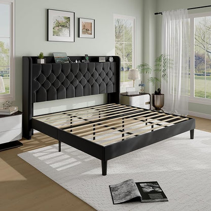 SHA CERLIN King Size Platform Bed Frame with Charging Station, Velvet Wingback Headboard with Storage Shelf, Wooden Slats Support, Ample Under-Bed Space, No Box Spring Needed, Easy Assembly, Black